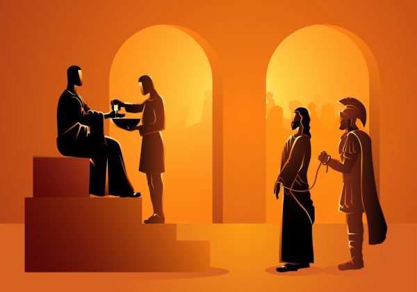 Biblical vector illustration series. Way of the Cross or Stations of the Cross, Pilate condemns Jesus to die.